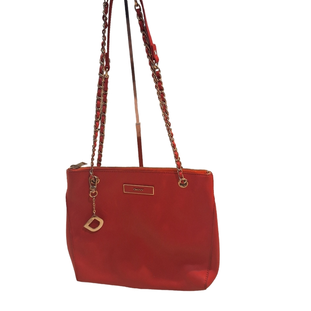 DKNY Red Leather Purse Shoulder Bag Gold Chain Strap GUC